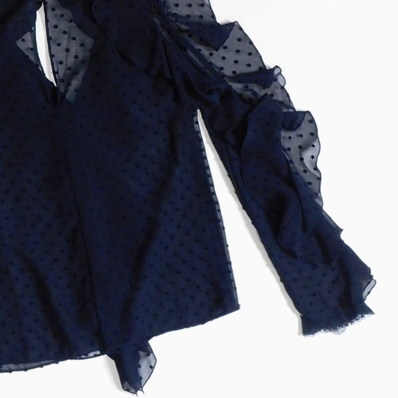 NICHOLAS Navy Blue Swiss Dot Cutout Cold Shoulder Top Blouse Ruffle Size 0 - Picture 10 of 15